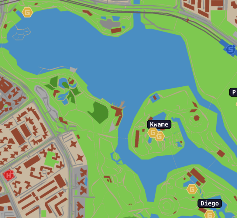 The game map around a lake in Singapore: Health Centres, Shops and player-held Gyms
